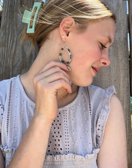 Green Fern Hoop Earrings