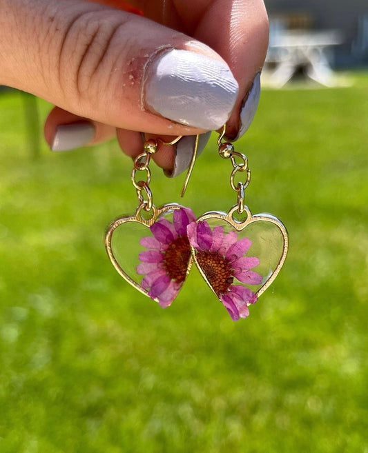 Gold Purple Daisy Earrings