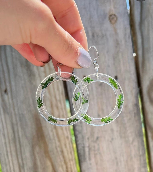 Green Fern Hoop Earrings